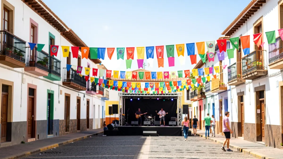 Town square in Antigua decorated for patron saint festivities with Canarian architecture and a stage.