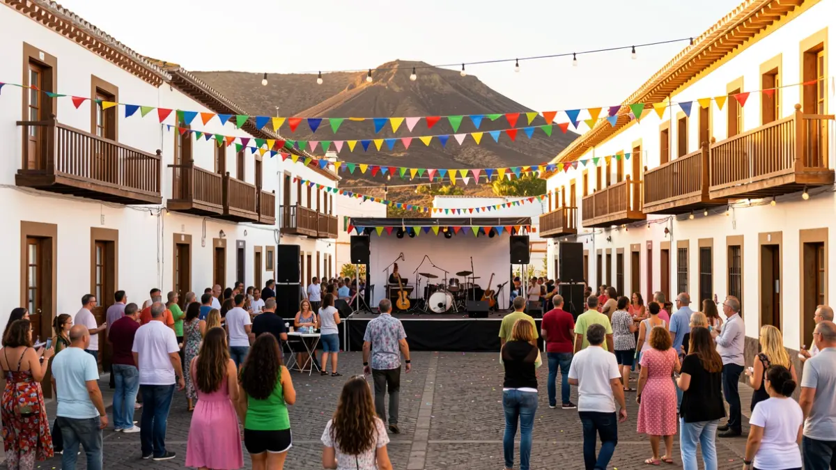 Antigua town square decorated for patron saint festivities with Canarian architecture and a festive atmosphere.