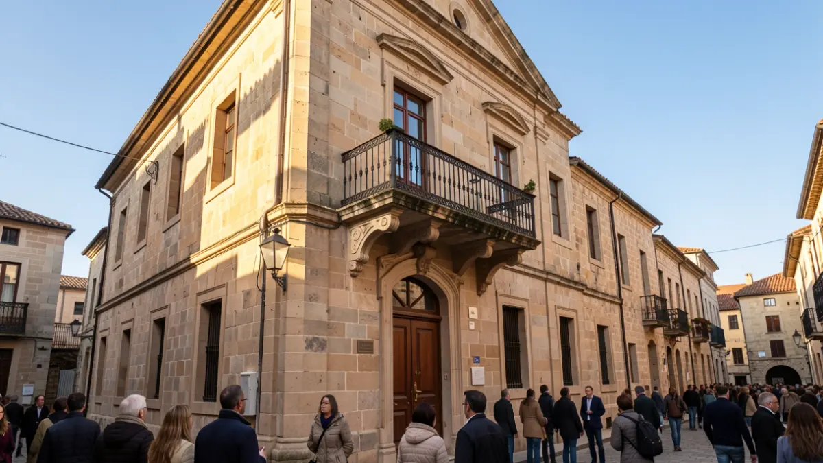 Facade of the Antigua town hall with balcony and iron railings, afternoon sunlight.