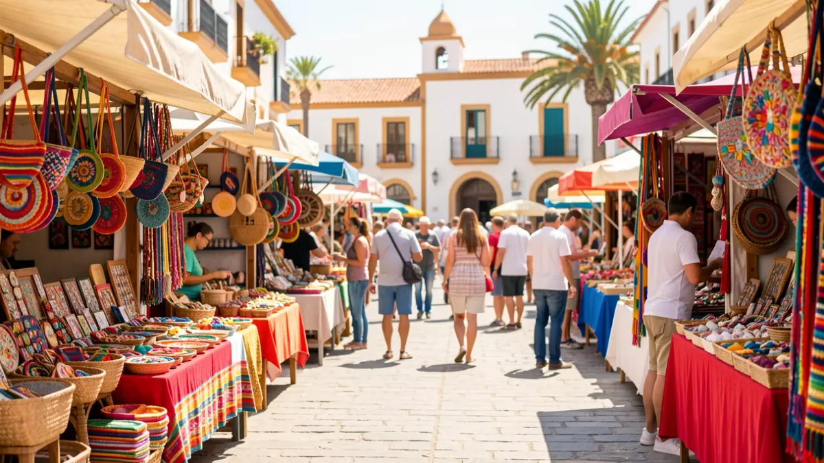 Imagen genérica de un mercadillo artesanal al aire libre en una plaza soleada de Canarias.