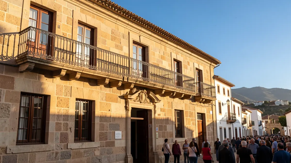 Facade of the Antigua Town Hall with balcony and iron railings, afternoon sunlight, blue sky.