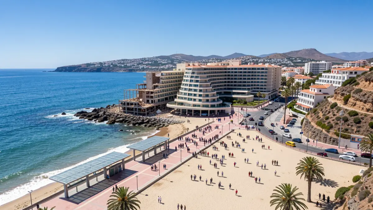 Aerial view of a coastal hotel in Gran Canaria with a promenade area.