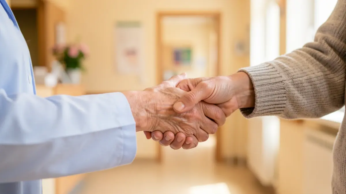 Image of a nurse holding an elderly patient's hand, representing continuity of care after hospital discharge.