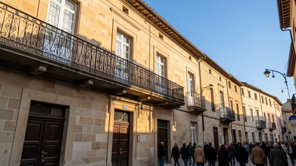 Traditional stone town hall facade with ornate balcony and iron railings, warm afternoon sunlight casting shadows on the sandstone walls, blue sky.