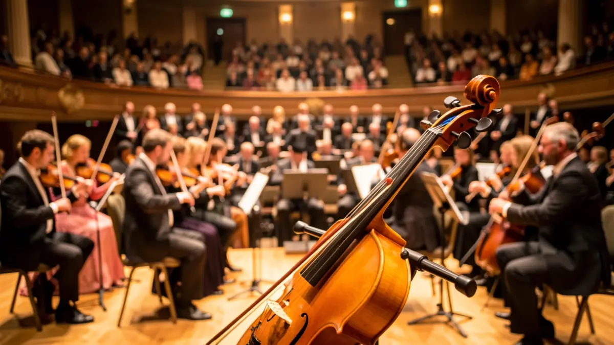 Close-up of a violin on a stand in an illuminated orchestra pit, with blurred musicians in the background.