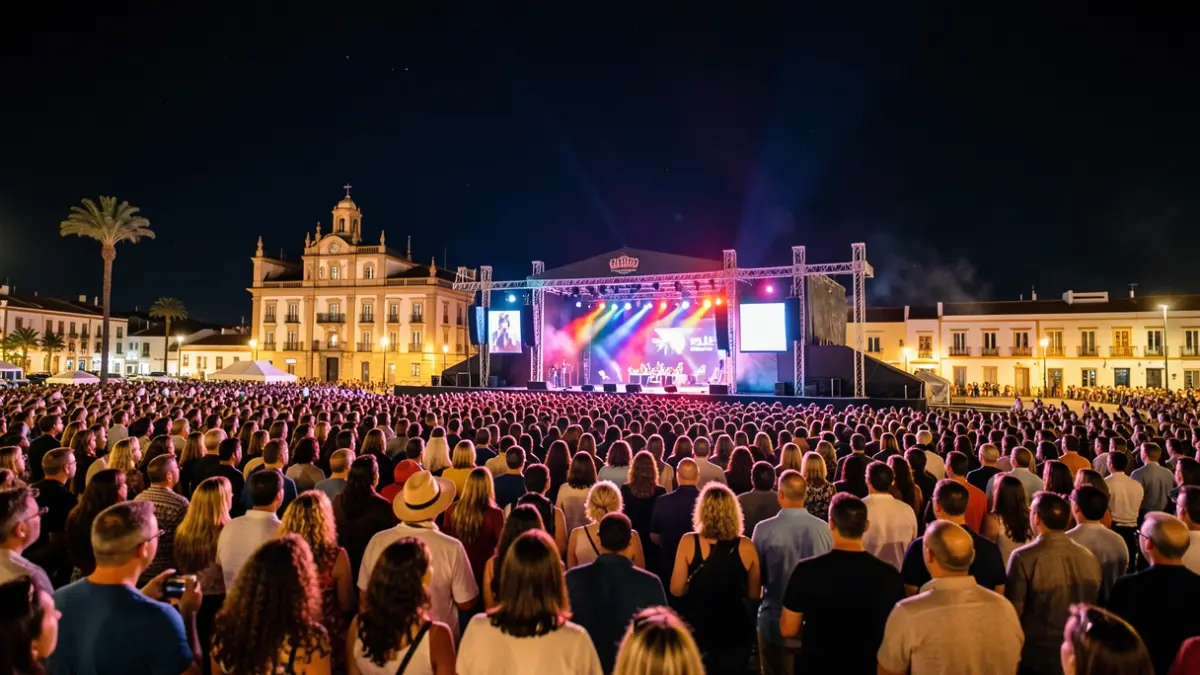 Generic image of a large outdoor concert in Candelaria, Tenerife, with an illuminated stage and an enjoying audience.