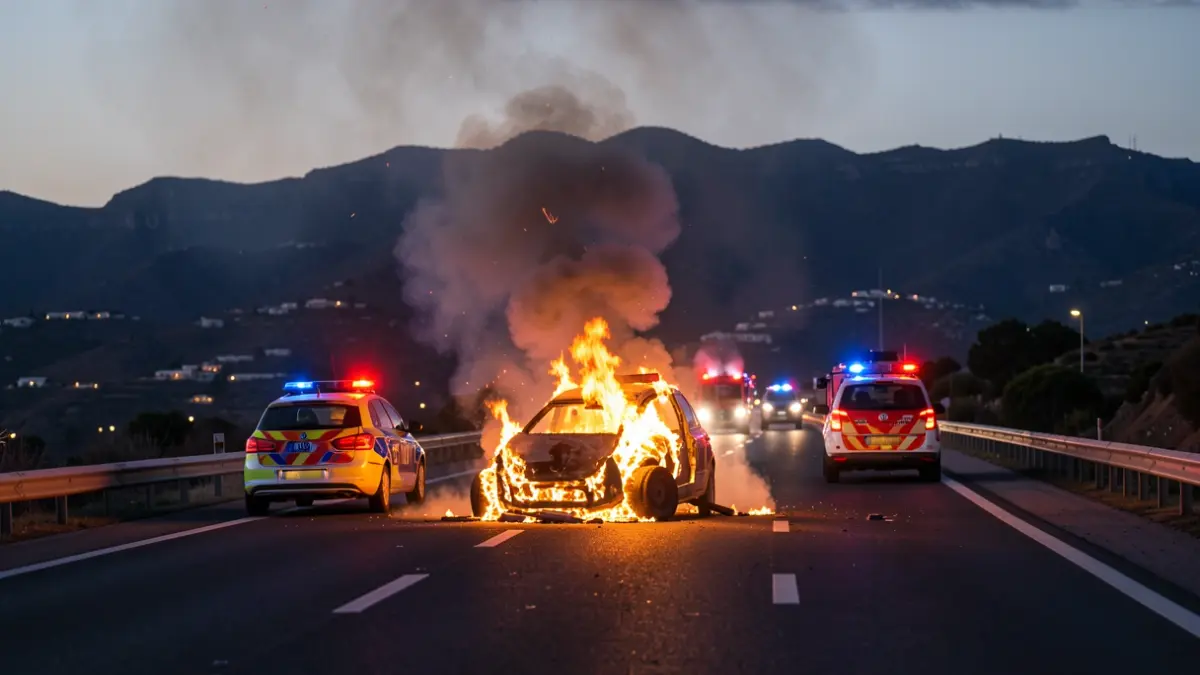 A car on fire on a highway at sunset, with emergency lights and smoke.