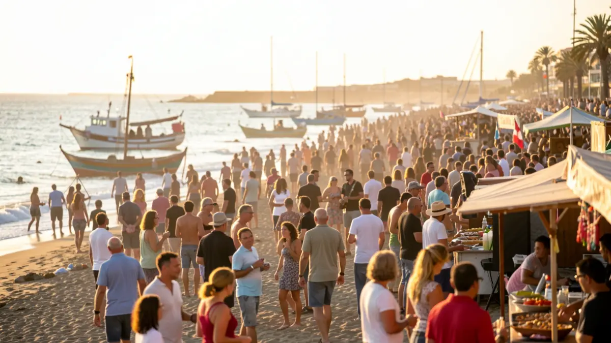 Ambiente festivo en Arinaga durante la Vará del Pescao, con gente disfrutando en la playa y música.