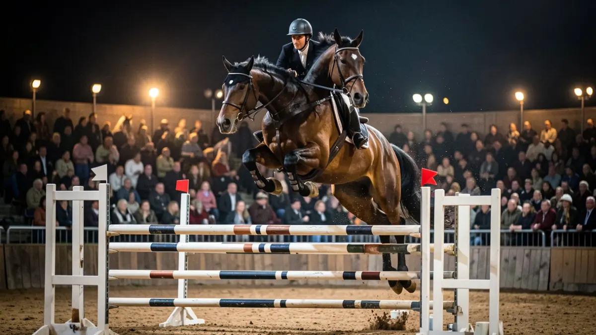 Image of a horse jumping an obstacle in a nighttime equestrian competition in Arona.