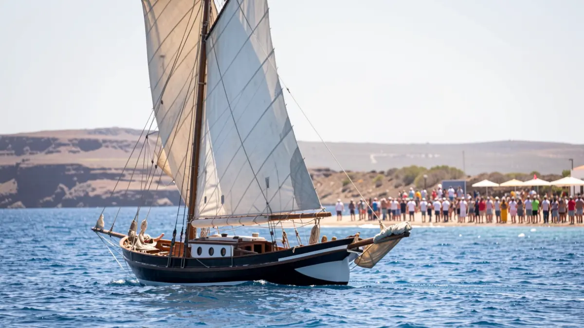 Traditional Canarian Latin sail boat sailing in Fuerteventura waters.