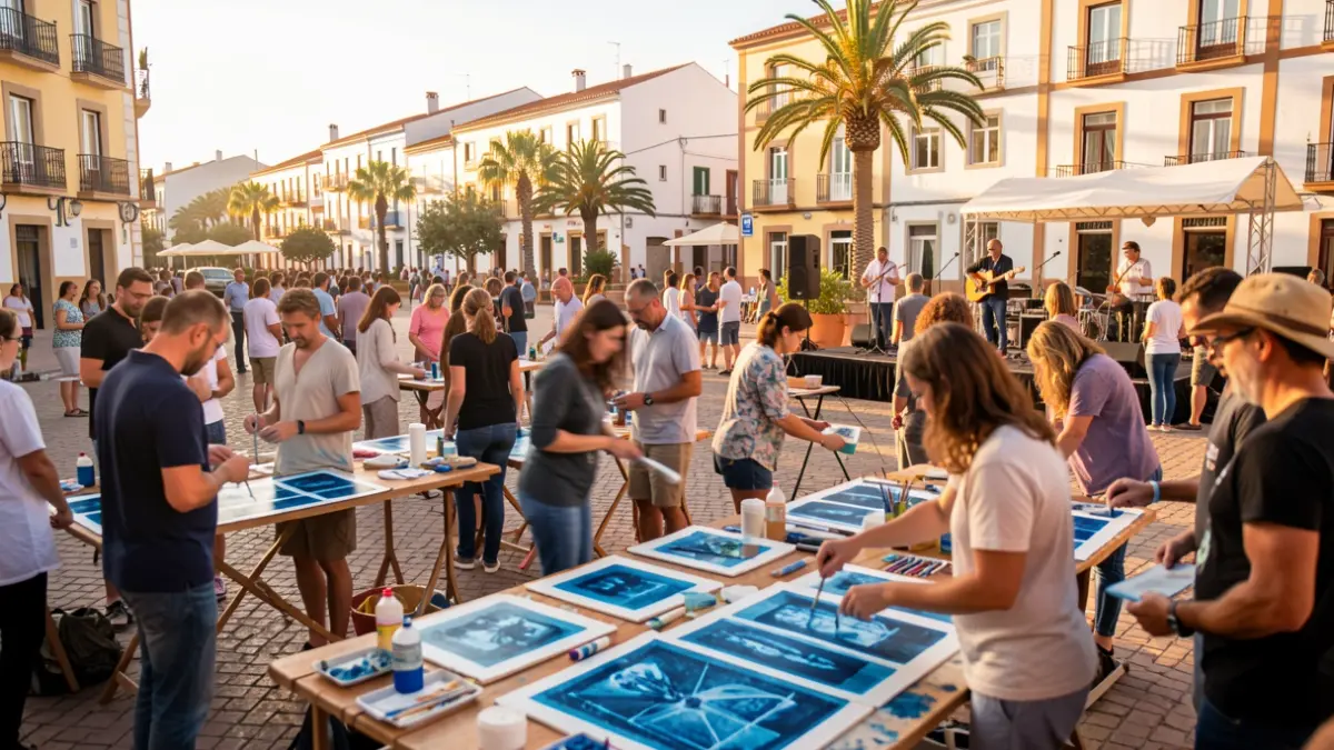 Imagen de un evento cultural al aire libre en Arrecife, con taller de cianotipia y concierto.