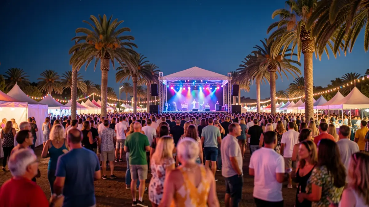 Imagen genérica de un festival al aire libre en Arrecife, Lanzarote, con escenario, público y luces.