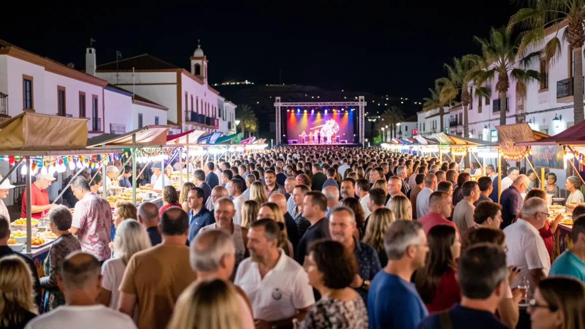 Ambiente festivo nocturno en Arrecife durante las fiestas de San Ginés, con puestos de comida, luces y gente disfrutando.