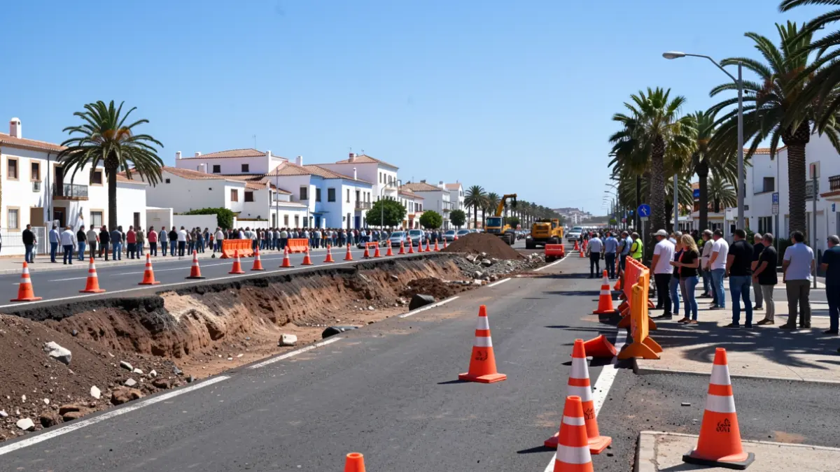 Obras en la Vía Medular de Arrecife con desvíos de tráfico y maquinaria de construcción.