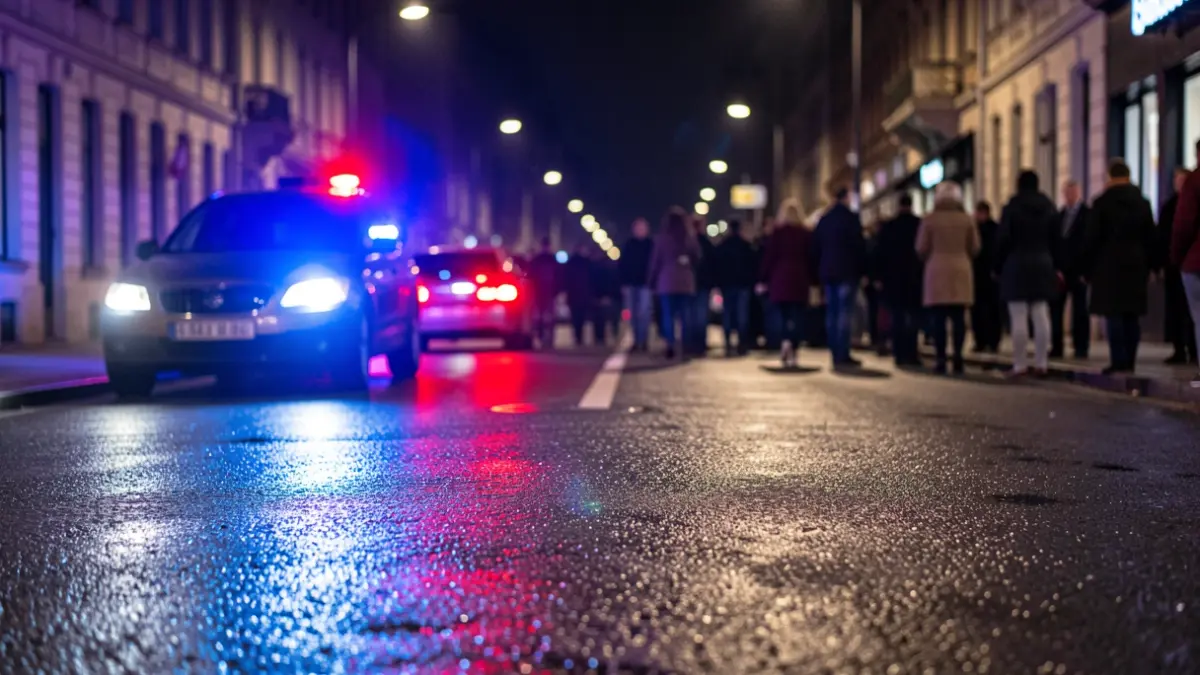 Imagen genérica de luces de emergencia policiales reflejándose en el asfalto mojado por la noche.