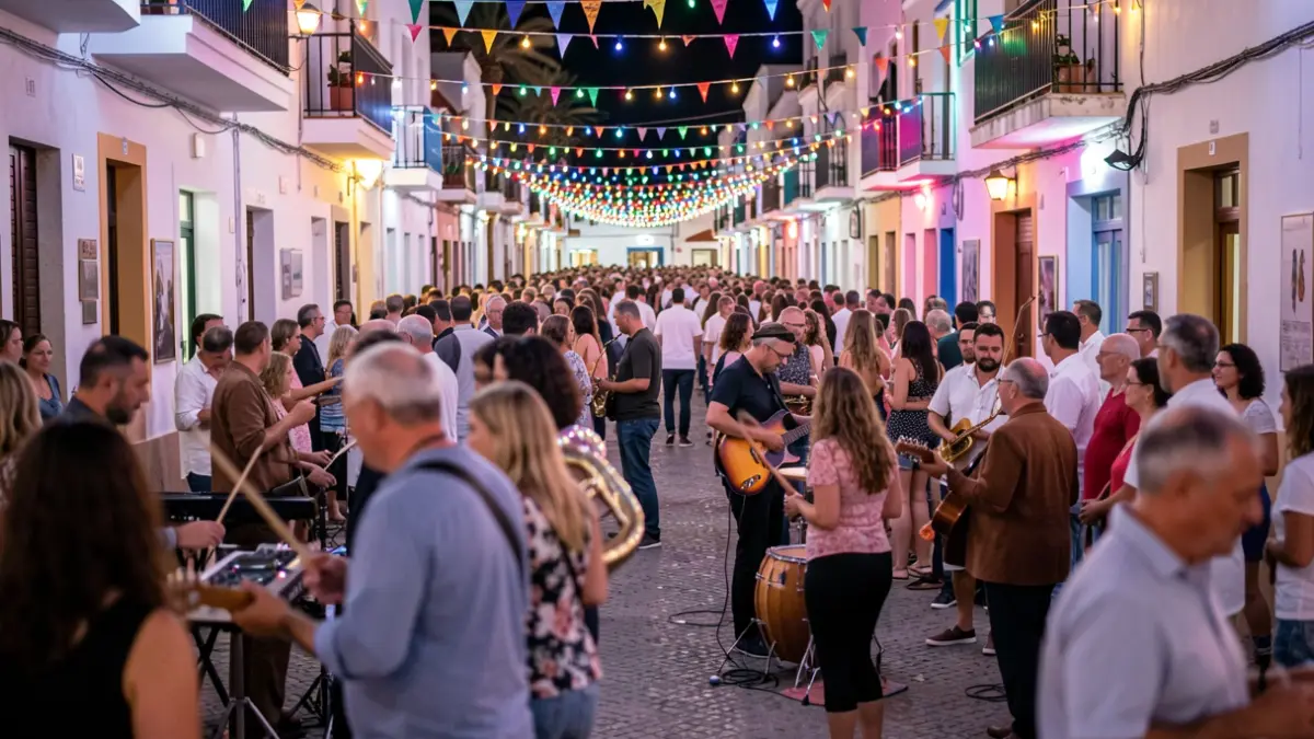 Escena callejera vibrante en Arrecife durante el festival Arrecife en Vivo, con músicos actuando y público disfrutando.