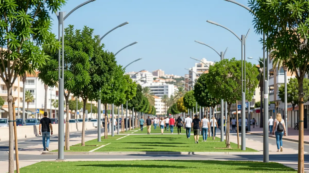 Generic image of a modern ecoboulevard with vegetation and street lighting.