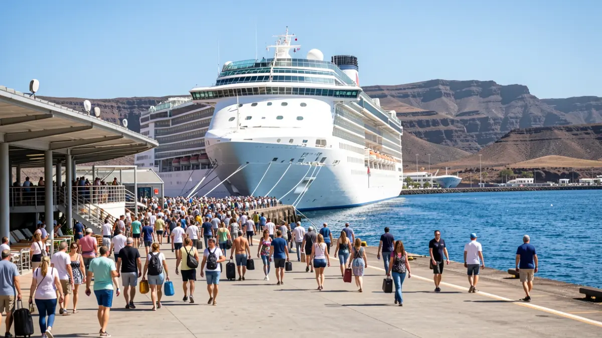 Image of a cruise ship docked in the port of Arrecife, Lanzarote, with passengers disembarking and the island's volcanic landscape in the background.