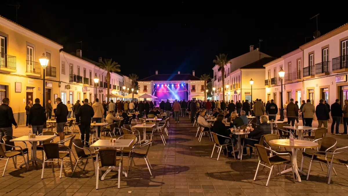 Night scene of a festive square in Arrecife, Lanzarote, with street and stage lights, evoking celebration and subsequent cleanup.