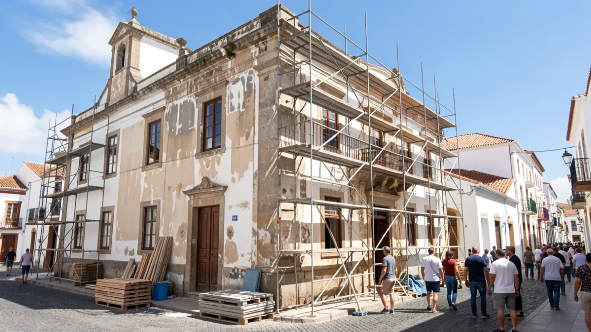 Exterior facade of La Recova in Arrecife during restoration works.