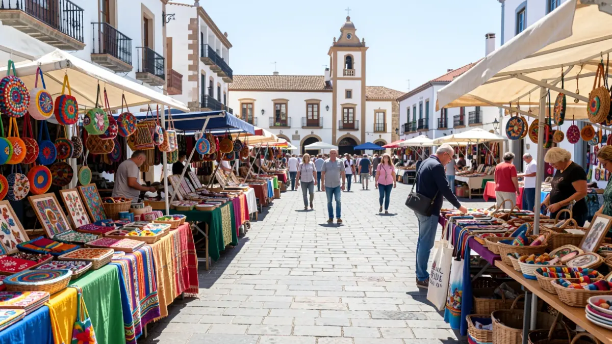 Generic image of an artisan fair in Canarias with local product stalls and traditional architecture.