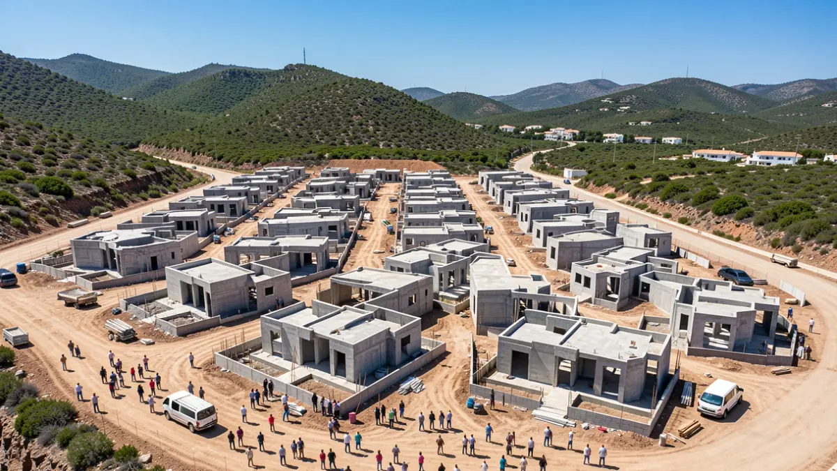 Vista aérea de una nueva promoción de viviendas en construcción en Arucas, Gran Canaria.