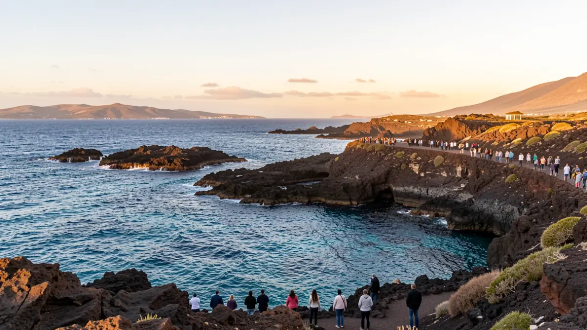 Vista de la costa de Arucas con formaciones rocosas y el mar al atardecer.