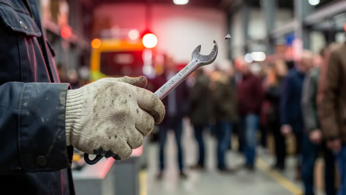 Close-up of a hand in a safety glove holding a broken tool, with a blurred industrial background and emergency light reflections.