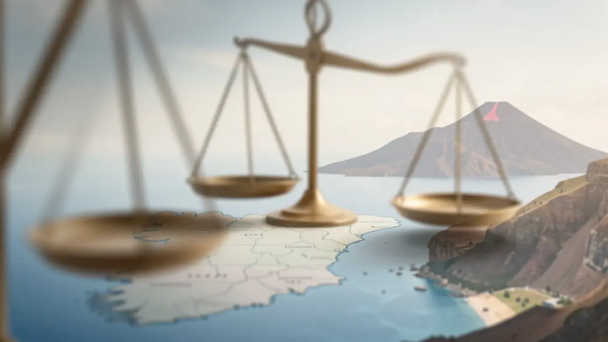 Abstract representation of justice and international cooperation with elements of Spain, Ireland, and the Canary Islands.