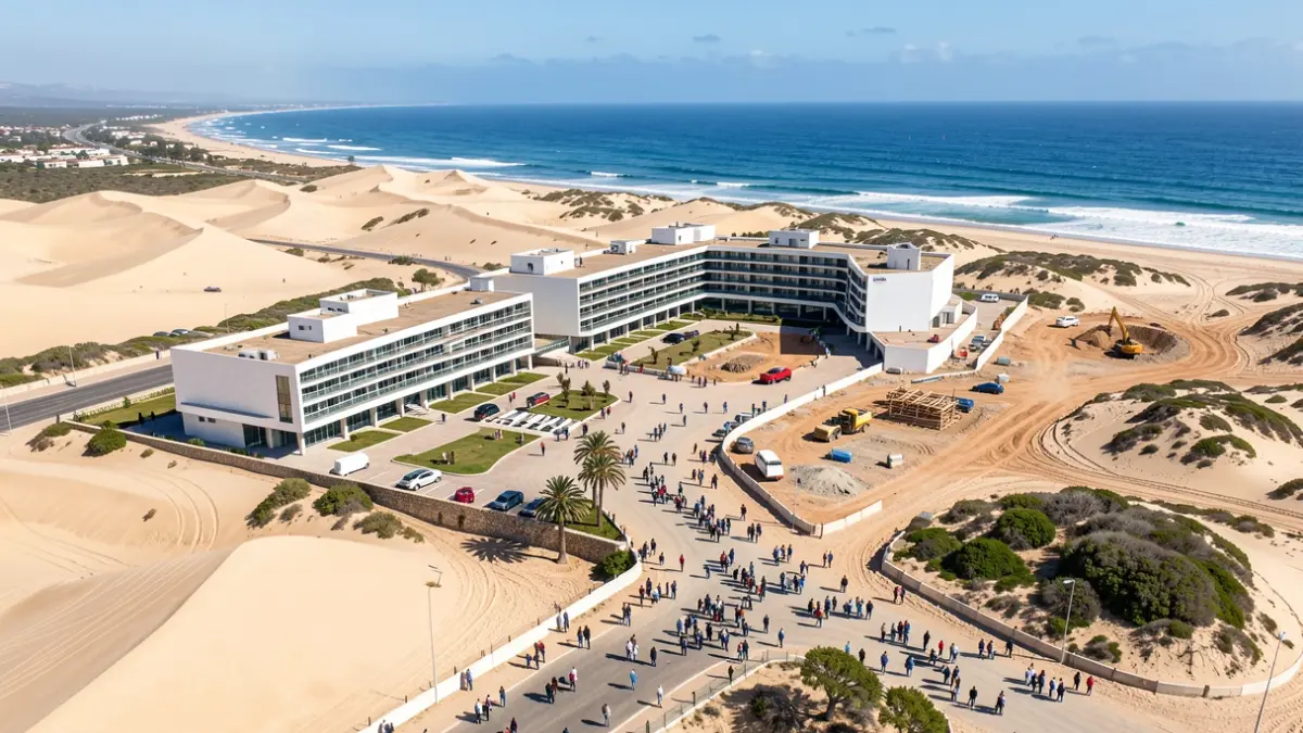 Aerial view of a hotel in the Corralejo Dunes, Fuerteventura, undergoing renovation works.