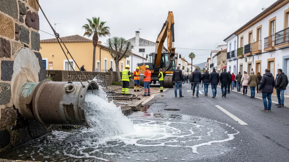 Image of a main pipe break in Telde with water gushing onto the street.