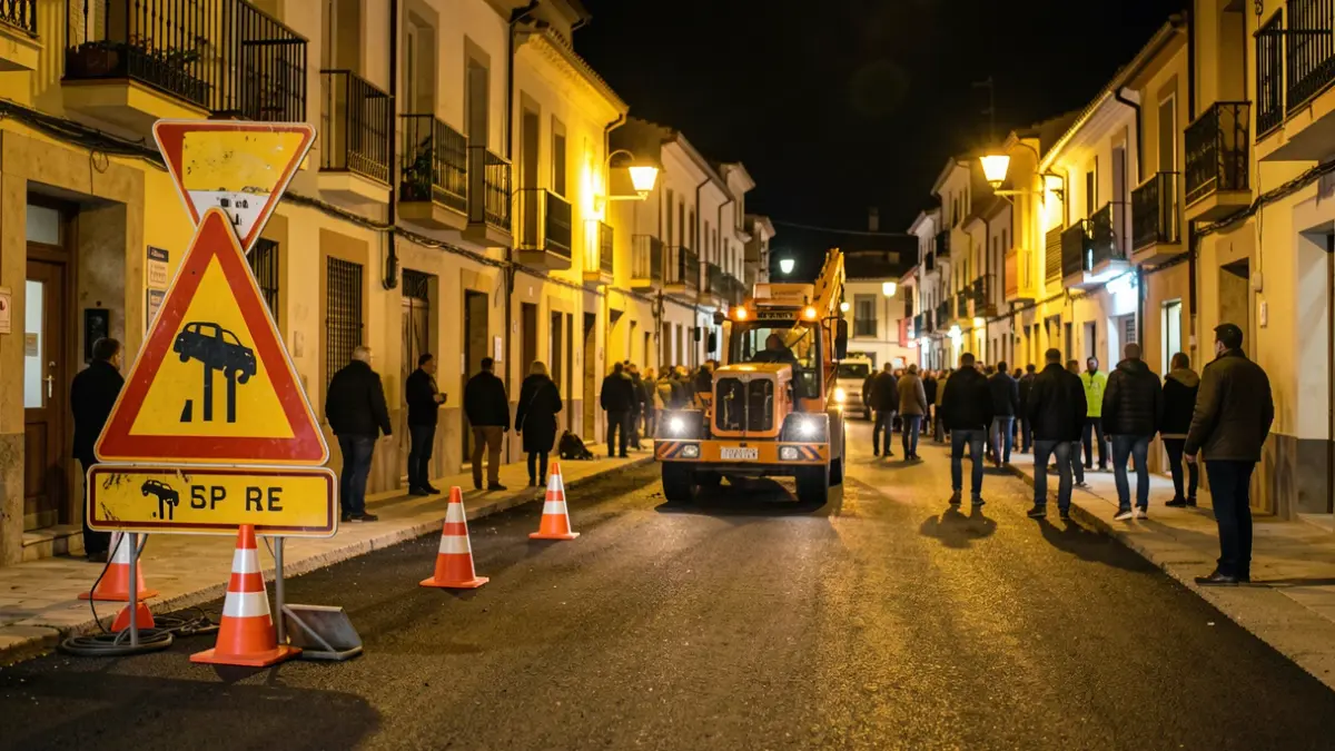 Imagen genérica de obras viales nocturnas con señalización provisional.