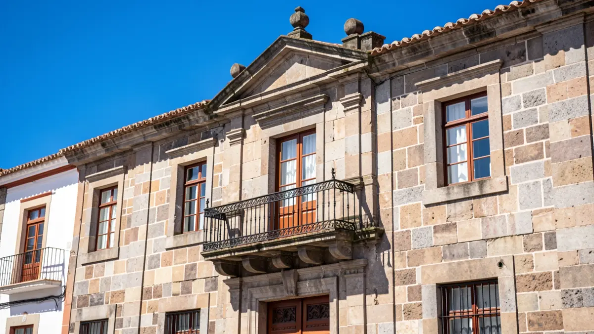Fachada de un ayuntamiento tradicional canario con arquitectura de piedra y balcón, bajo un cielo azul brillante.