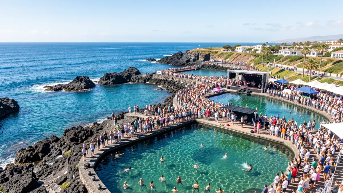 Aerial view of Bajamar's natural pools during the Bajamar Endless Summer festival featuring music and gastronomy.