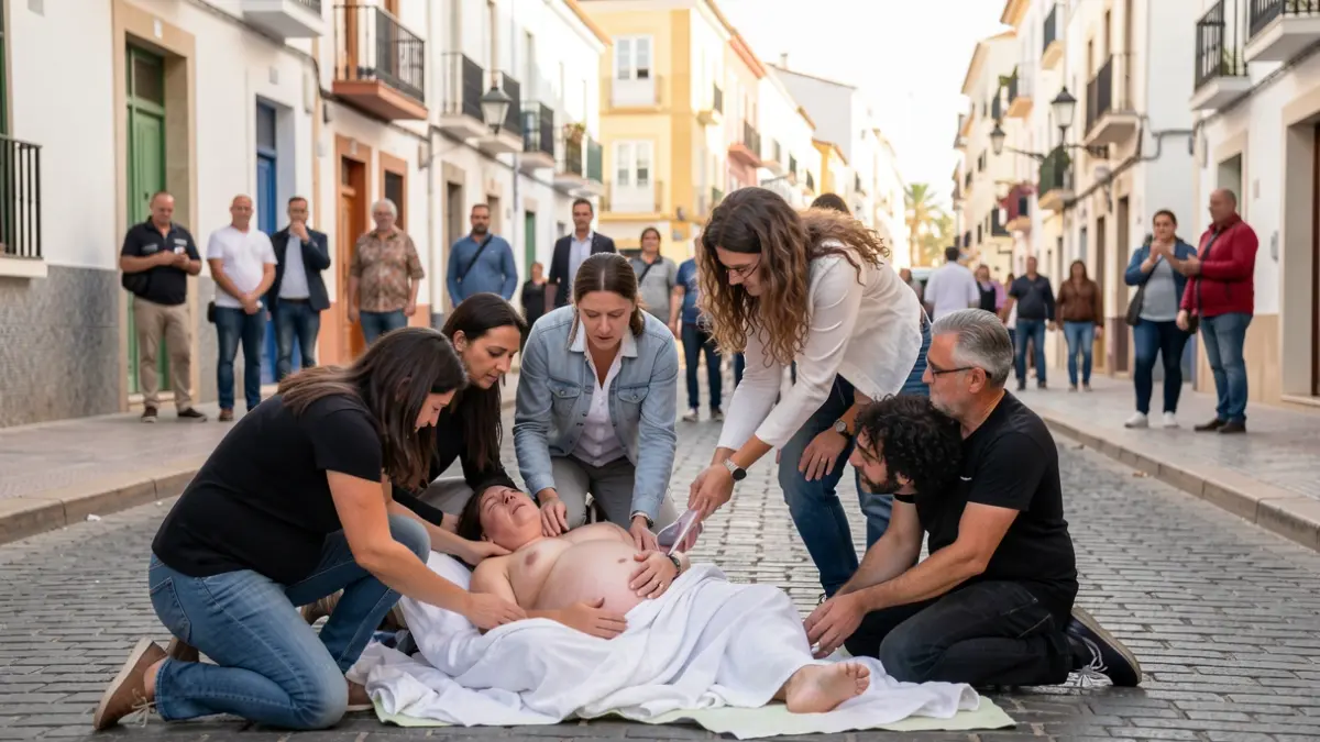 Imagen de un parto en la calle en Jinámar, Gran Canaria, con familiares asistiendo.