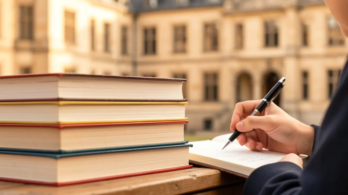 Imagen genérica de libros de texto y una mano escribiendo, simbolizando las becas de estudio.
