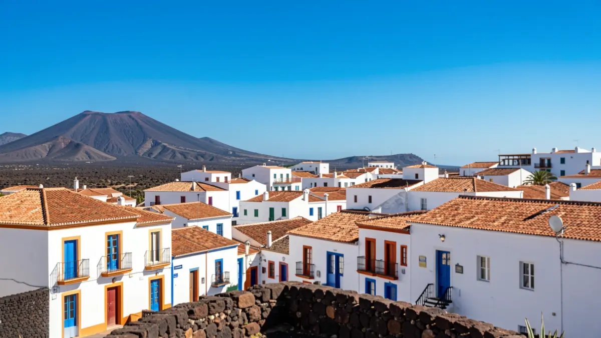 Cielo despejado sobre Betancuria, Fuerteventura, con arquitectura tradicional canaria y paisaje volcánico.