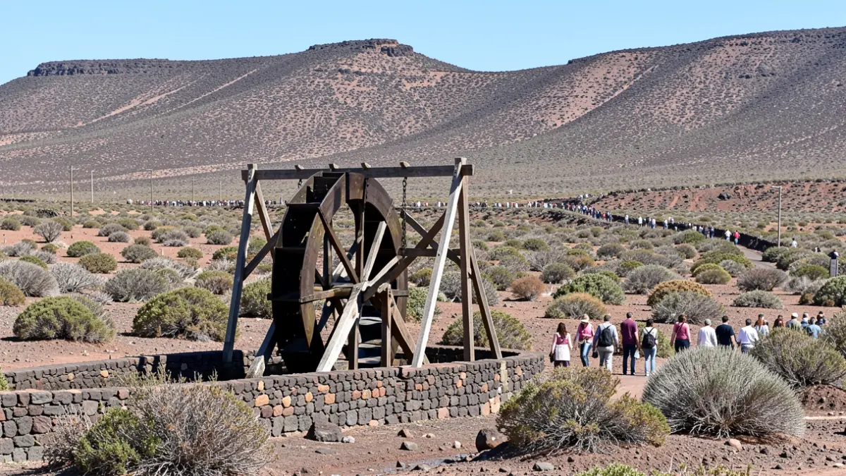 Noria tradicional canaria en un paisaje rural de Fuerteventura.