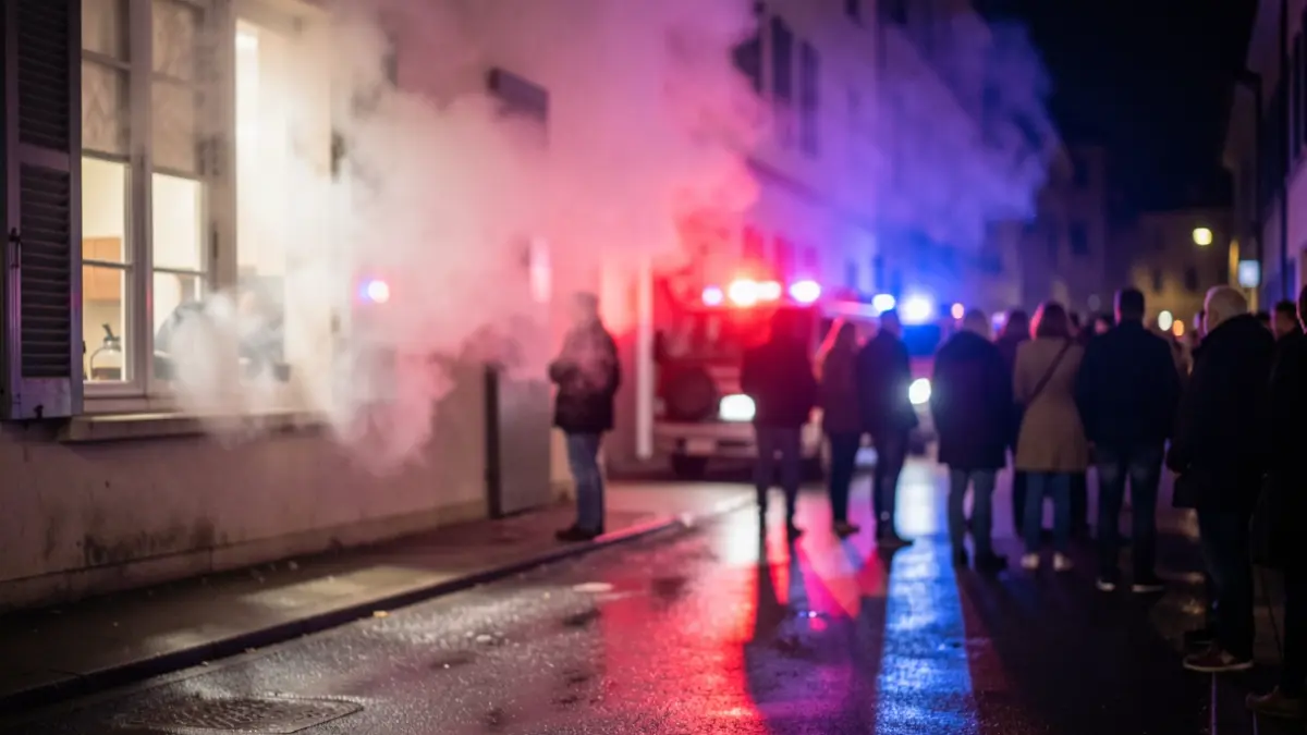Imagen genérica de humo saliendo de una ventana de cocina por la noche, con luces de emergencia reflejándose en el asfalto mojado.