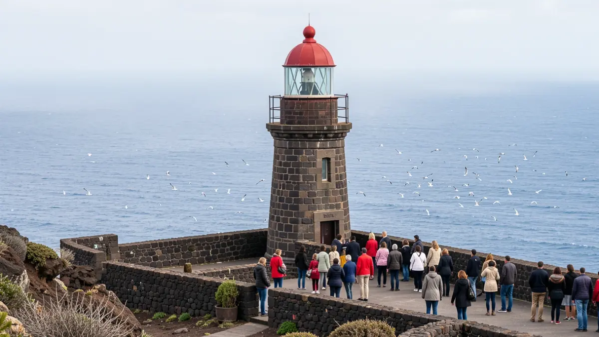 Vista panorámica del Faro del Casco en Buenavista del Norte, Tenerife, con aves marinas migratorias en el Atlántico.
