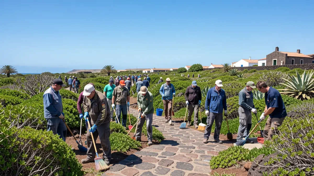 Image of unemployed individuals working on the improvement of natural spaces in Fuerteventura.