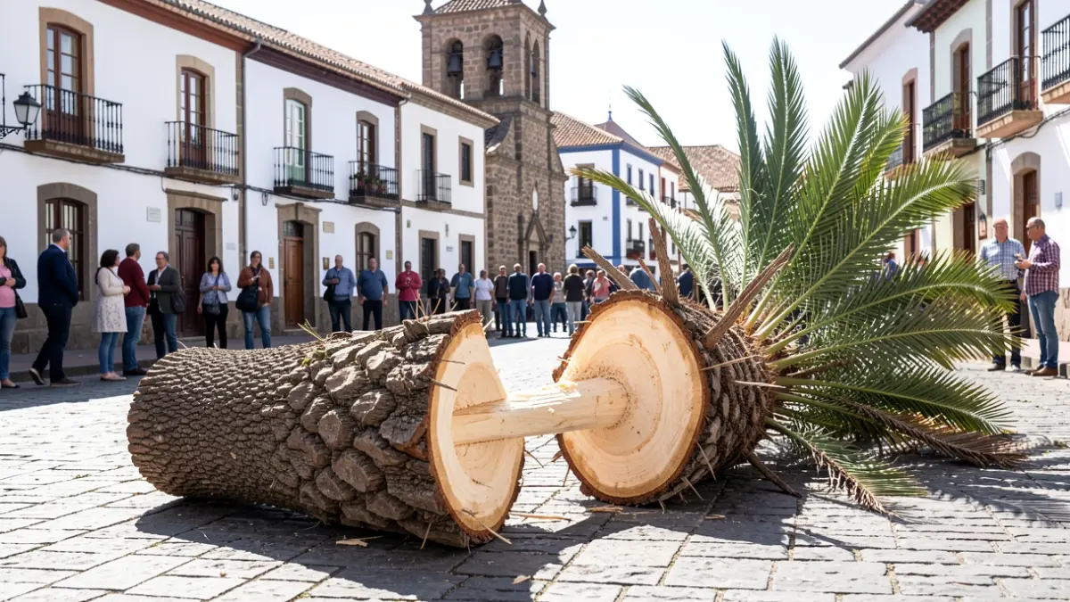 Palmera canaria caída y partida por la mitad en la Plaza de Santa Ana, Las Palmas de Gran Canaria.