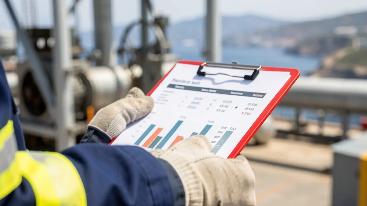 Close-up of a worker's hand wearing a safety glove, holding a red clipboard with blurred statistics and a defocused background of industrial machinery and the Canary Islands landscape.