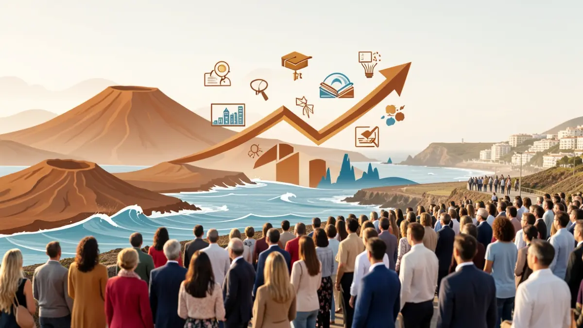 Abstract image of business growth and education in the Canary Islands, with volcanic and oceanic elements.