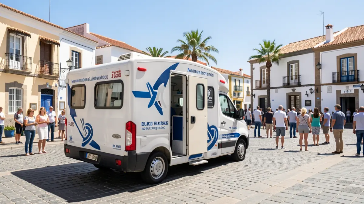 Unidad móvil de donación de sangre aparcada en una plaza soleada de Canarias, con arquitectura tradicional al fondo.