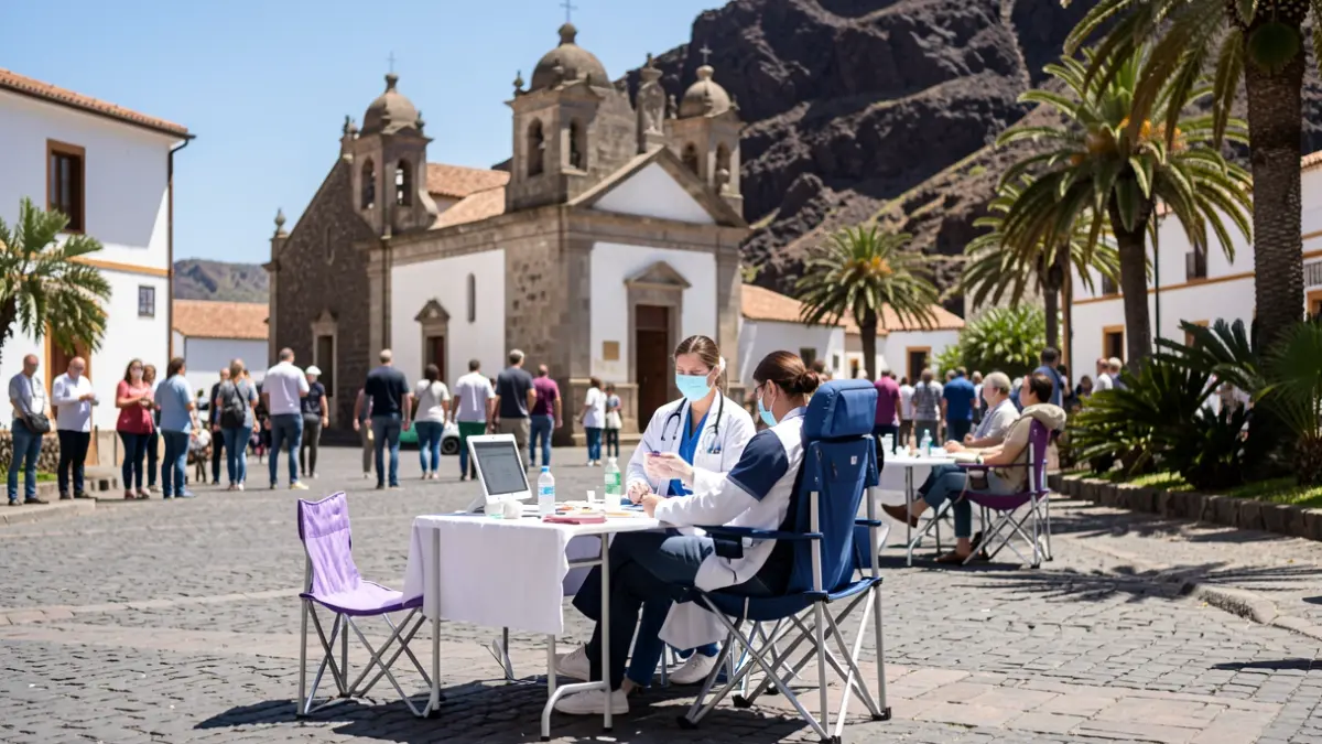 Punto de donación de sangre en una plaza de Canarias con una iglesia al fondo.