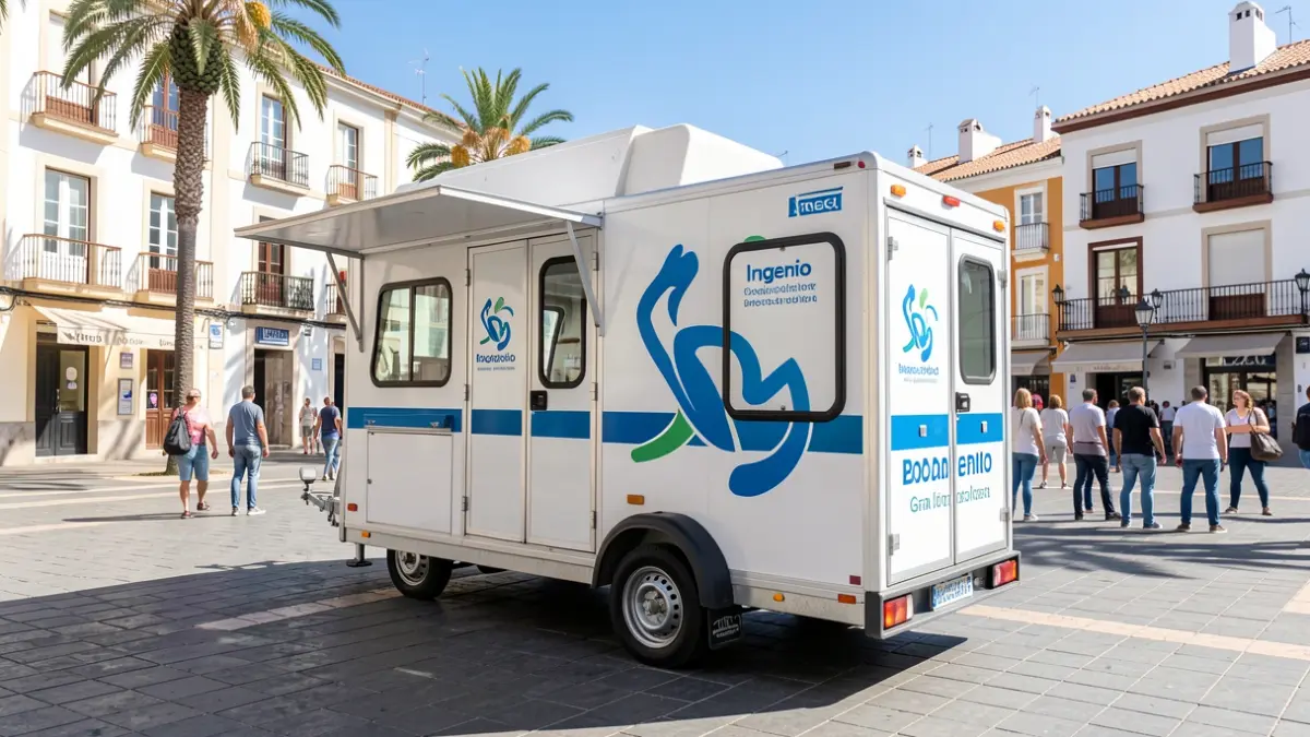 Unidad móvil de donación de sangre aparcada en una plaza pública de Ingenio, Gran Canaria.