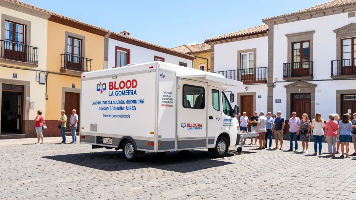 Blood donation mobile unit in a town square in La Gomera.