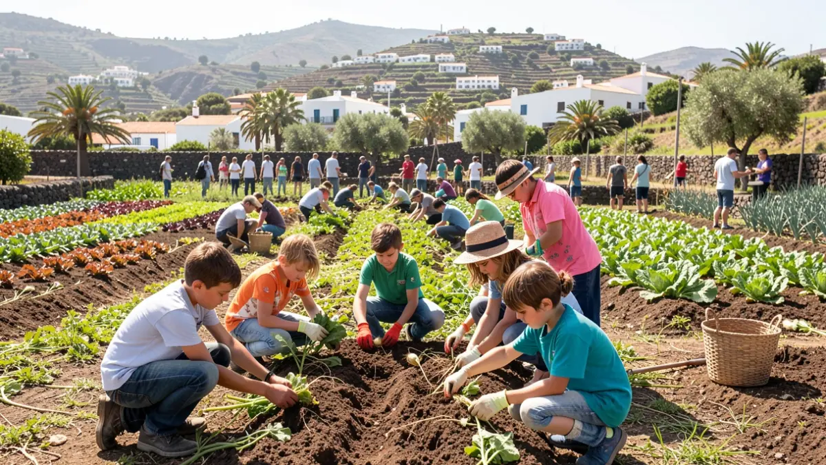 Children learning about agriculture and local produce at a summer campus in Tegueste.