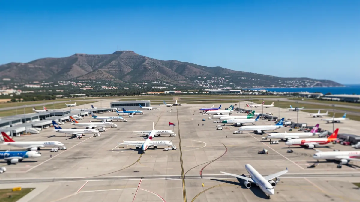 Vista aérea de un aeropuerto concurrido en Canarias, con aviones y el paisaje de las islas.